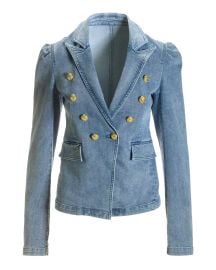 Puff-Sleeve Double-Breasted Denim Blazer Light Med Wash at Boston Proper